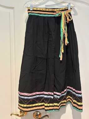 Vtg Black Maxi Skirt with Multicolor Trim